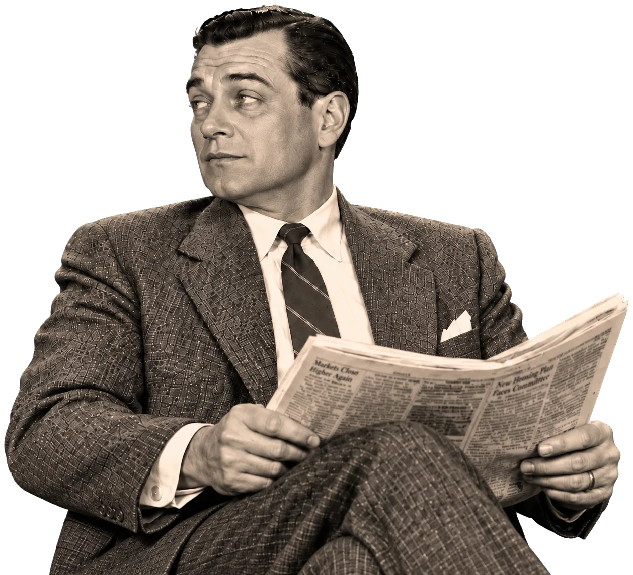 A 1950s man looking over from his newspaper