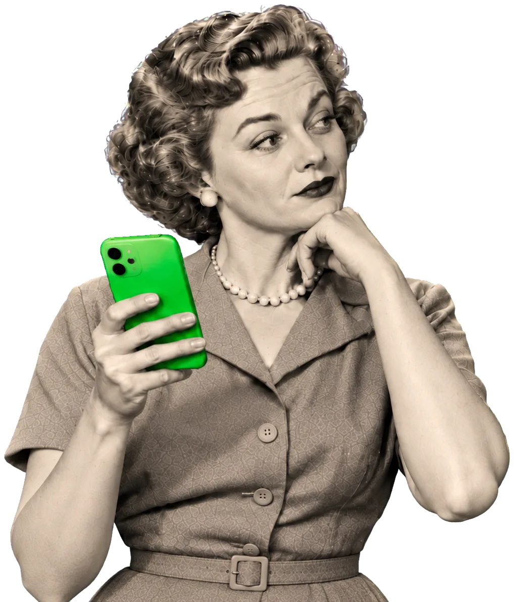 A 1950s woman glancing up from a bright green smartphone