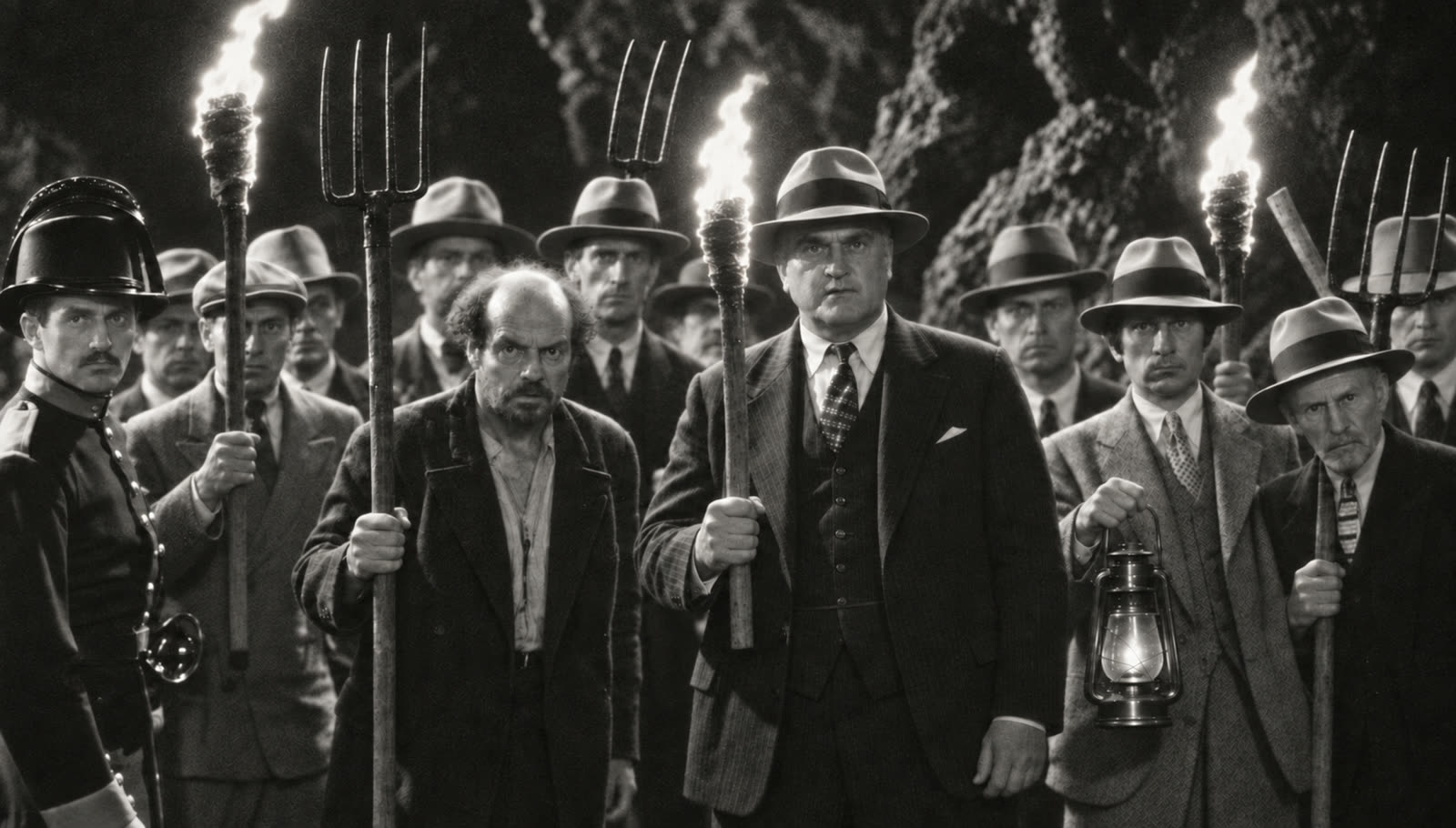 A 1930s film mob with torches and pitchforks