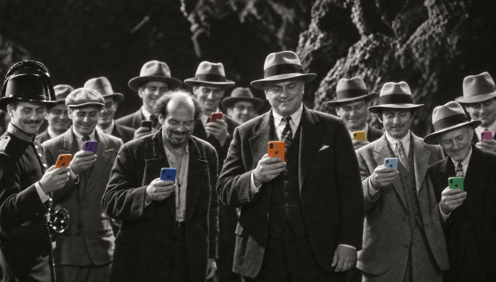 The same mob, now smiling at colorful phones