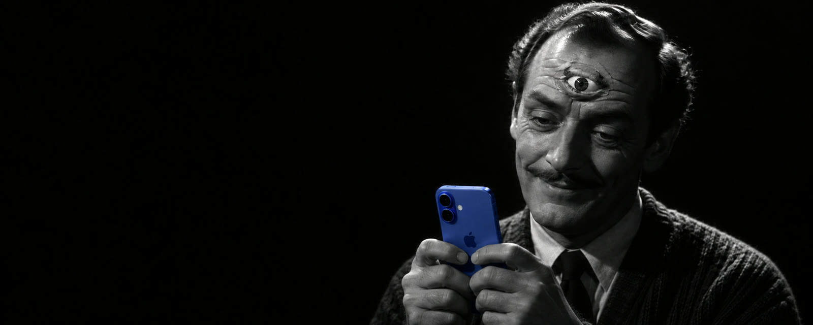 A three-eyed man smiling at a blue iPhone