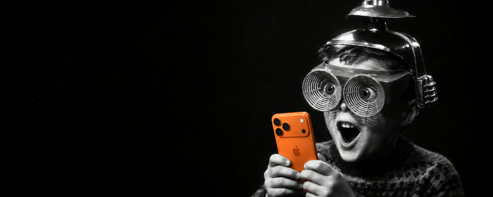 A boy in sci-fi goggles amazed by an orange iPhone