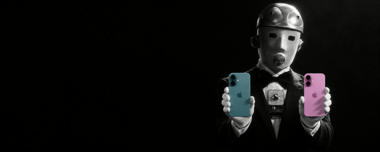 A robot butler offering a teal and a pink iPhone